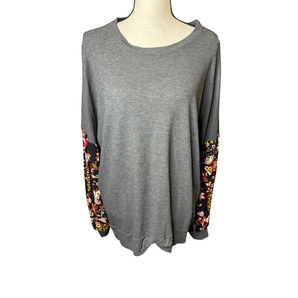 Crepas Womens 3XL Gray Waffle Knit Top Floral Paisley Sleeves Knot Front TP2016